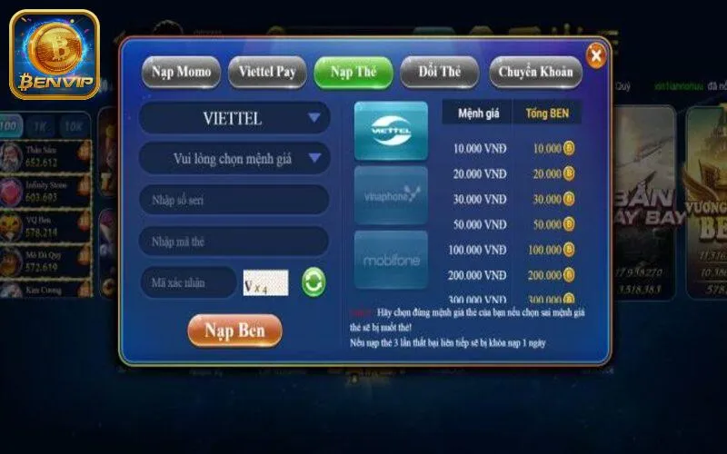 Nạp tiền vào ví chơi Benvip qua nhiều hình thức